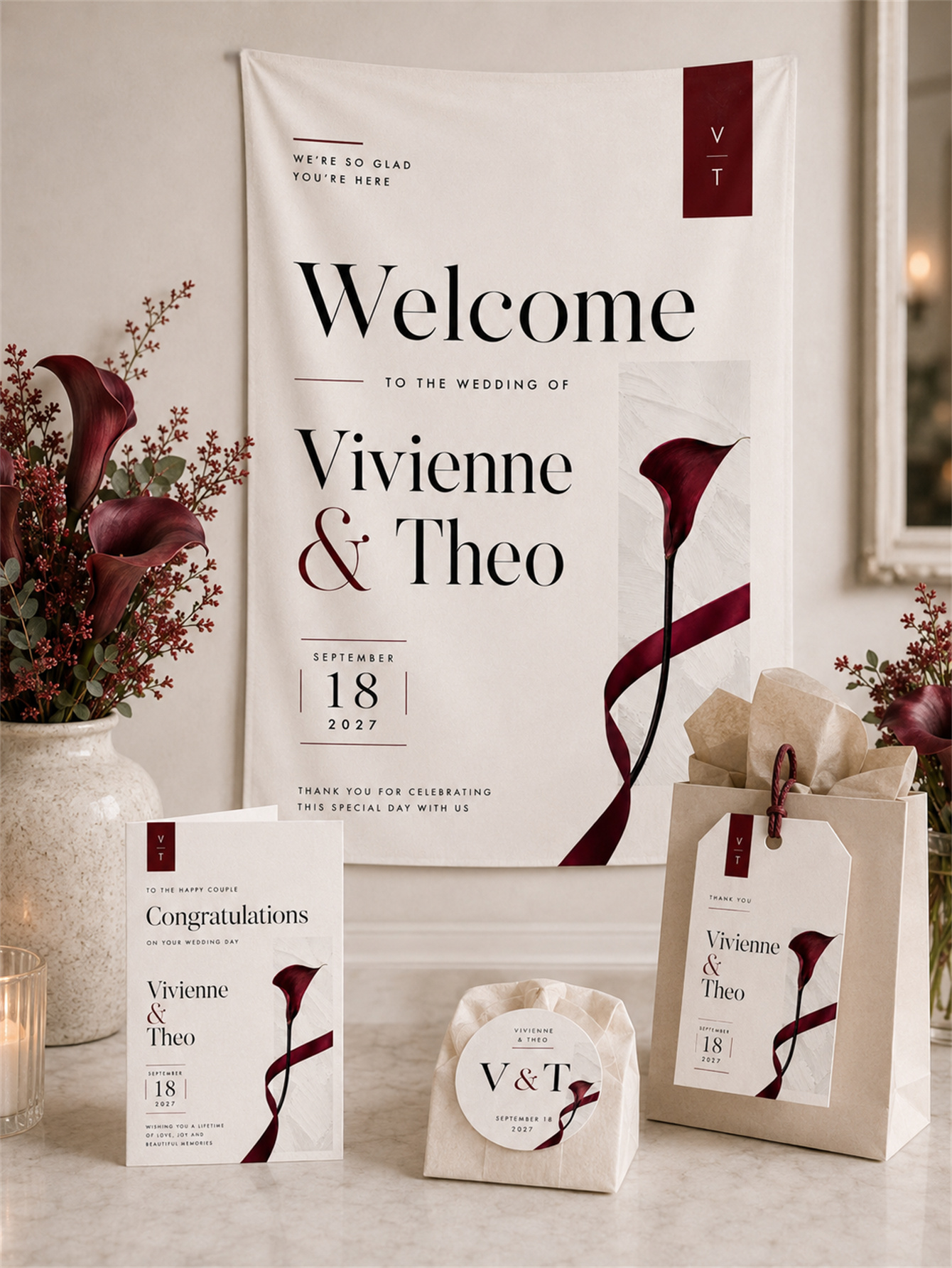Elegant Custom wedding Set - Wine Red Carnation Wedding Series, suitable for ceremony and banquet decoration